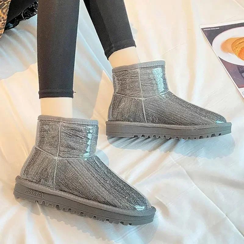 Fashion Flat Waterproof Round Toe Tabi Booties Shoes for Woman Silver Ankle Women's Snow Boots Boot Female New Rock Spring 2024 Gothic