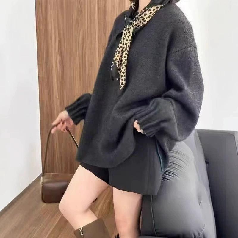 Crew neck retro cuff pleated knitted sweater women's autumn and winter new versatile loose soft waxy solid color pullover sweater