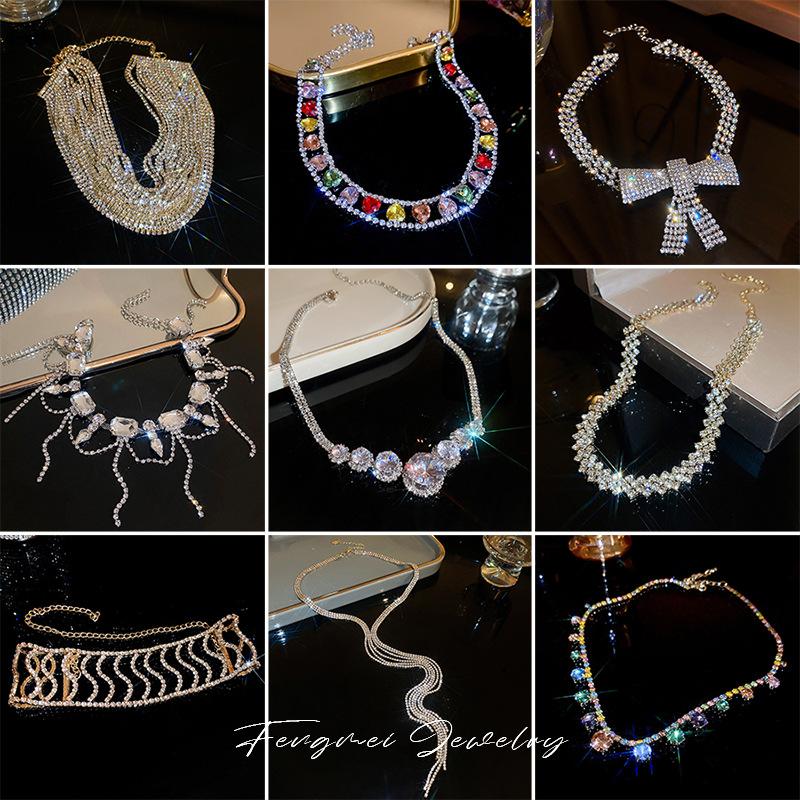 European and American exaggerated diamond-set love water drop fringe necklace design sense collarbone chain bridal temperament item decoration