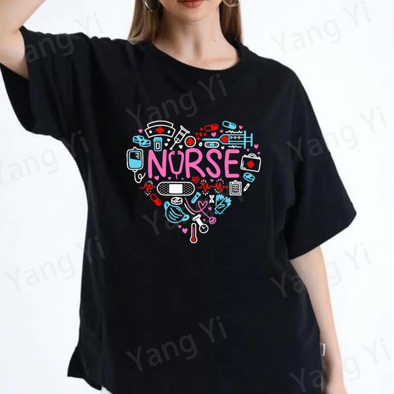 Heart Shaped Creative Print Printing Cotton T Shirt Nurse Theme Shirt Unisex Cool Summer Casual Tees Trendy Urban Streetwear