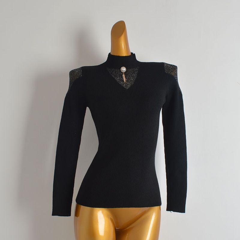 French Simplicity Pure Color Half Collar Pullover Mesh Stitching Long Sleeves Knitwear Women's Fall/Winter Slim Bottoming Shirt Tops