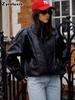 New Motorcycle Stand Collar Leather Jacket Women Loose Short Vintage PU Leather Coat Outerwear Popular Style