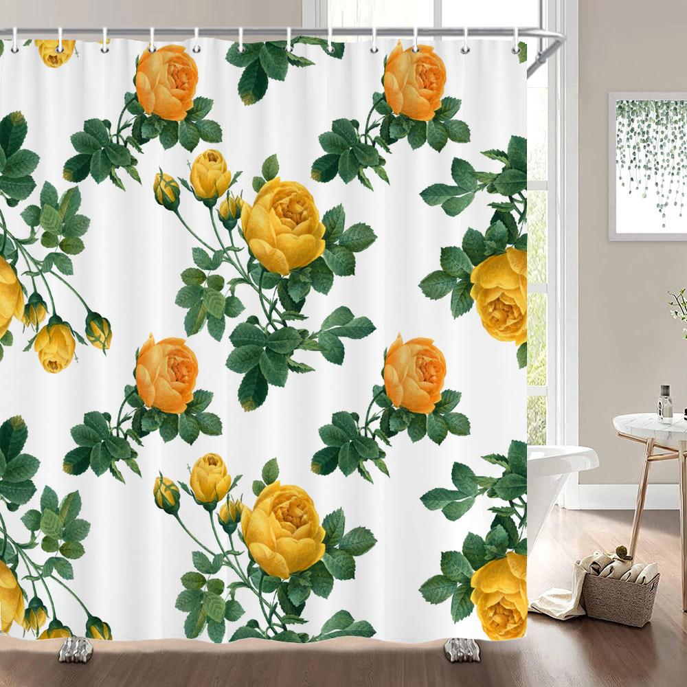 High Quality Flower Plant Leaves Fabric Shower Curtain Waterproof Beautiful Butterfly Bath Curtains for Bathroom Decor with Hook