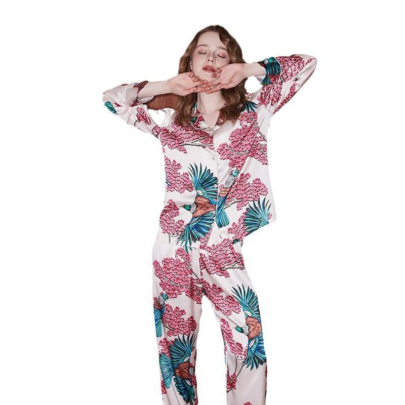 Womens Lightweight Silk-Like Pajama Set Long Sleeve Floral Print Sleepwear Comfortable Home Loungewear