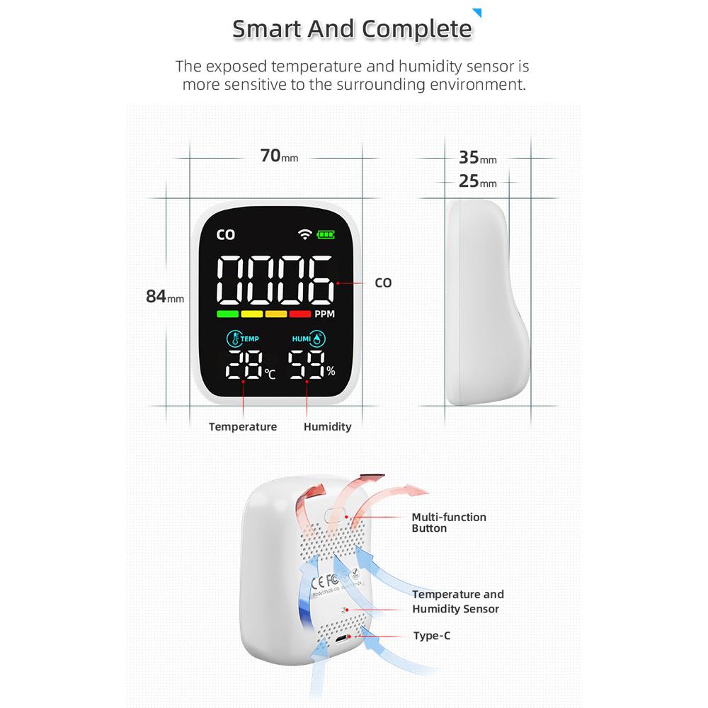 Tuya WiFi Digital LED Display CO Detector Portable Carbon Monoxide Tester Multifunctional Temperature and Humidity Test