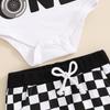 Baby Jungen Erstgeburtstags-Outfit, Kurzarm Strampler mit Rennfahrer-Print und karierter Hose Sommer-Outfit