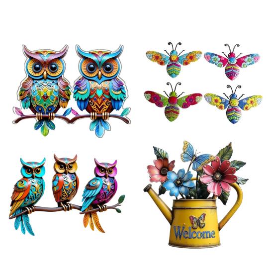 Colorful Acrylic Outdoor Hanging Wall Art 2D Owl/Bee/Flowers Wall Sculpture for Outside Garden Fence Patio Yard Decor