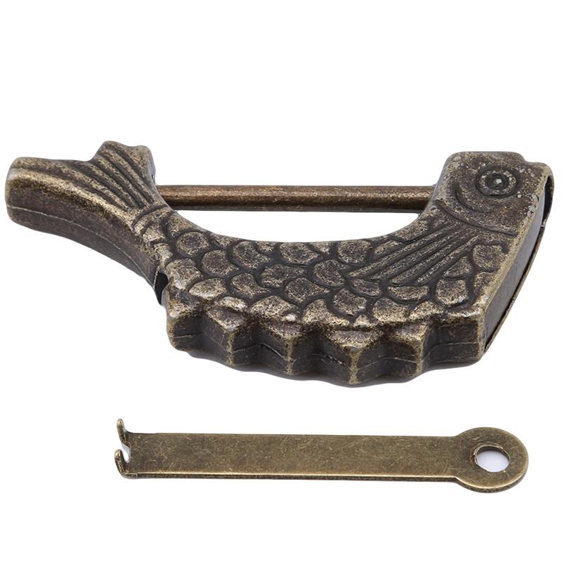 Antique Chinese Fish Lock Old Wooden Box Lock Jewelry Chest Box Lock