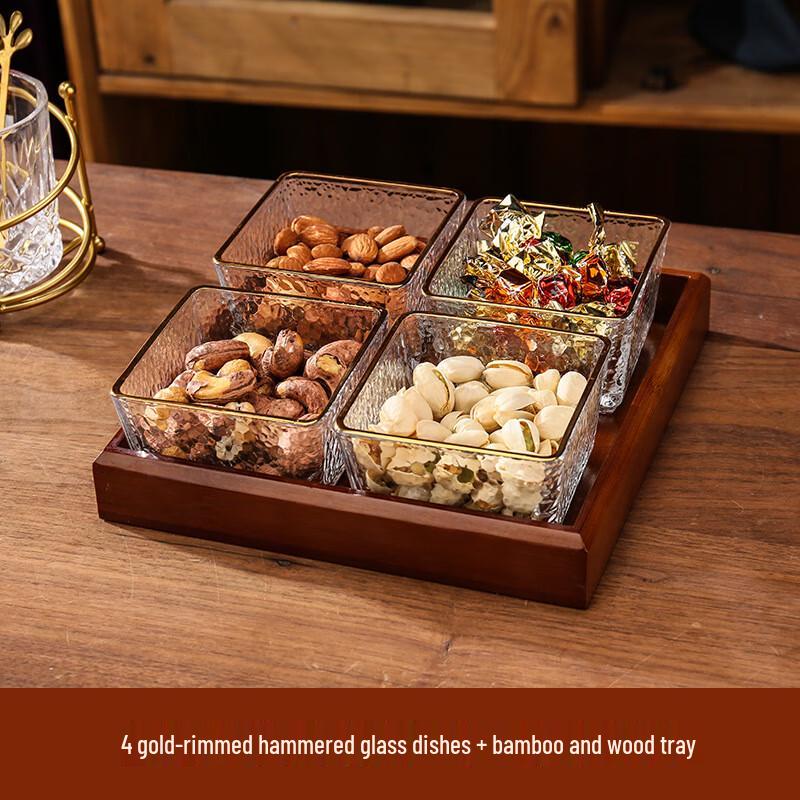 Gold Rimmed Divided Glass Serving Set with Tray