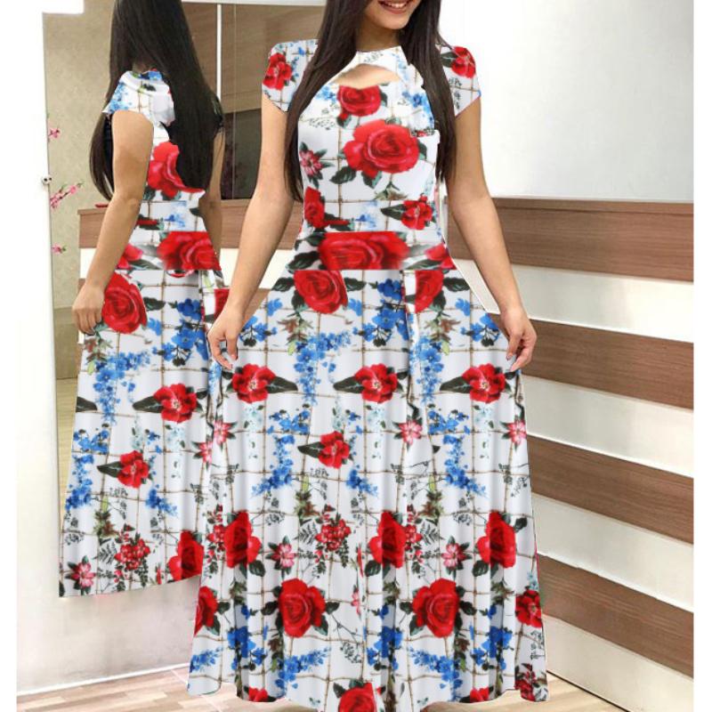 

BITCED Bohemian Floral Print Short Sleeve Dress Women Autumn Winter Long Dresses Round Collar Big Swing XXXXXL