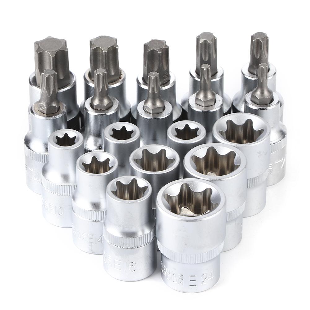 19Pcs Set 1 2in Drive Star Hex Socket Bit Kit E Type Male Female Car Repairing Tool