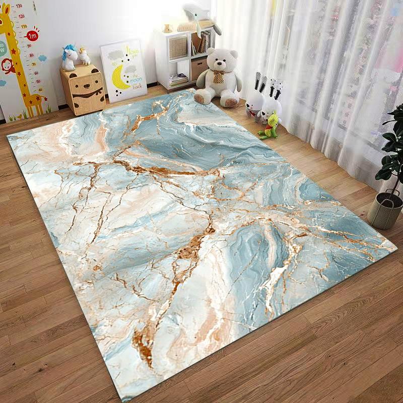 Luxury Marble Texture Soft Carpet In Blue and Gold for Bedroom Decor Suitable for Use As an Anti-slip for Living Room Bedroom Sofas