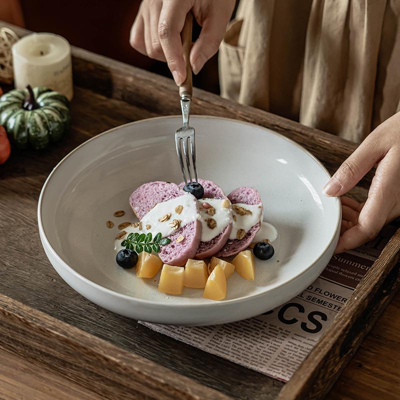 Deep Plate Round Plate Retro Style Solid Color Ceramic Plate Household Vegetable Plate Salad Plate High-End Tableware Plate