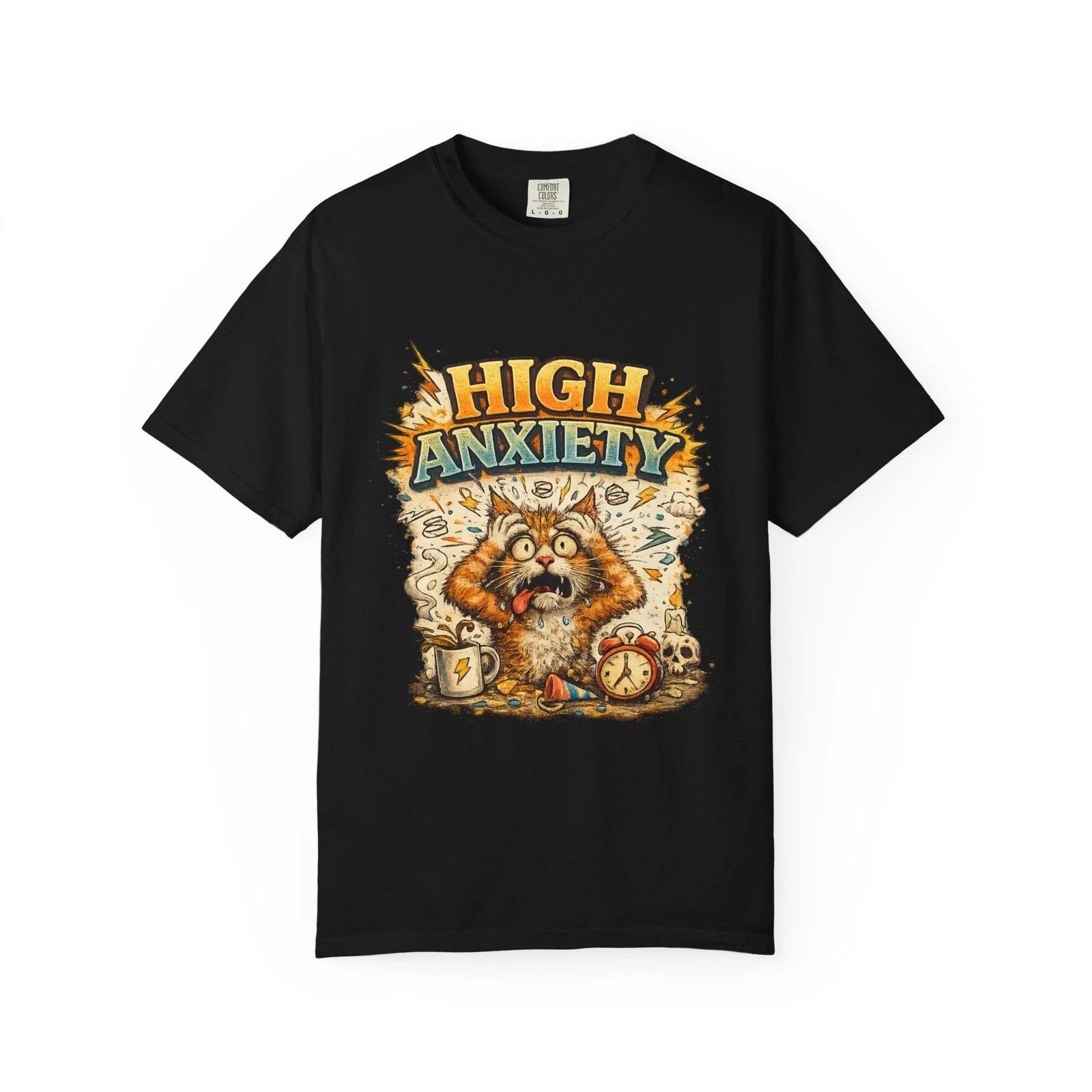 High Anxiety Cat Illustration T-shirt | Nervous Kitty Graphic Tee L