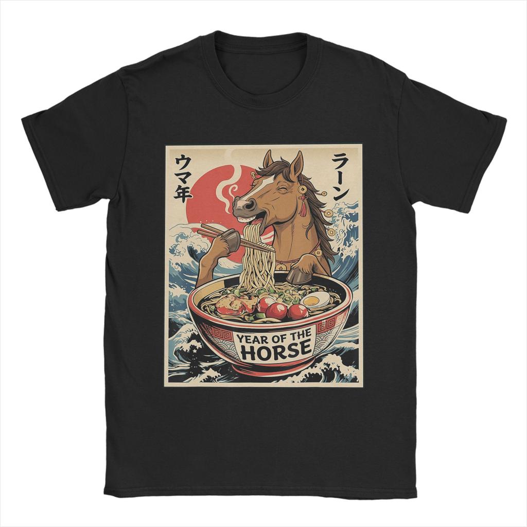 Men Year of The Horse 2026 Chinese New Year Gamer Horse Ramen T Shirts Cotton Clothing Awesome Short Sleeve Round Collar Tees
