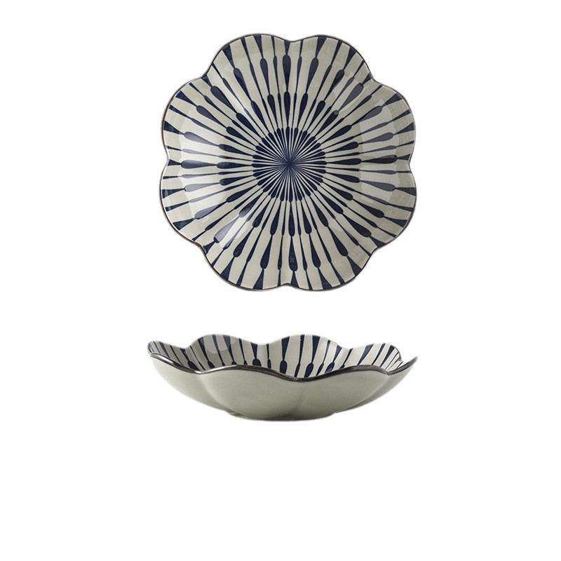 Japanisches gestreiftes Keramikschüssel- und Teller-Set - Neujahrsgeschirr & Einweihungsgeschenk mit Essstäbchen