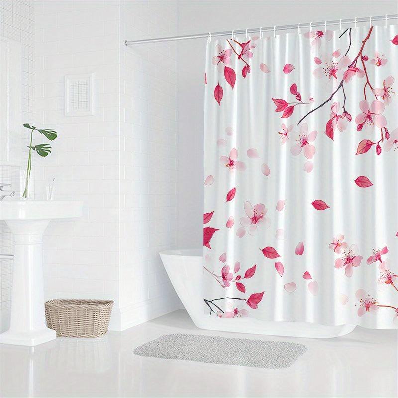1pc Oversized Cherry Blossom Shower Curtain - Pale Pink Flowers On White Background, Machine Washable Polyester Fabric