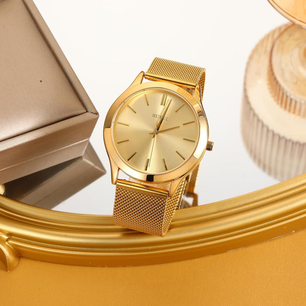 BUREI Analog Quartz Stainless Steel Strap Men's Watch, Waterproof, Popular, Slim, Simple, Stylish, Business, Casual, (Gold)