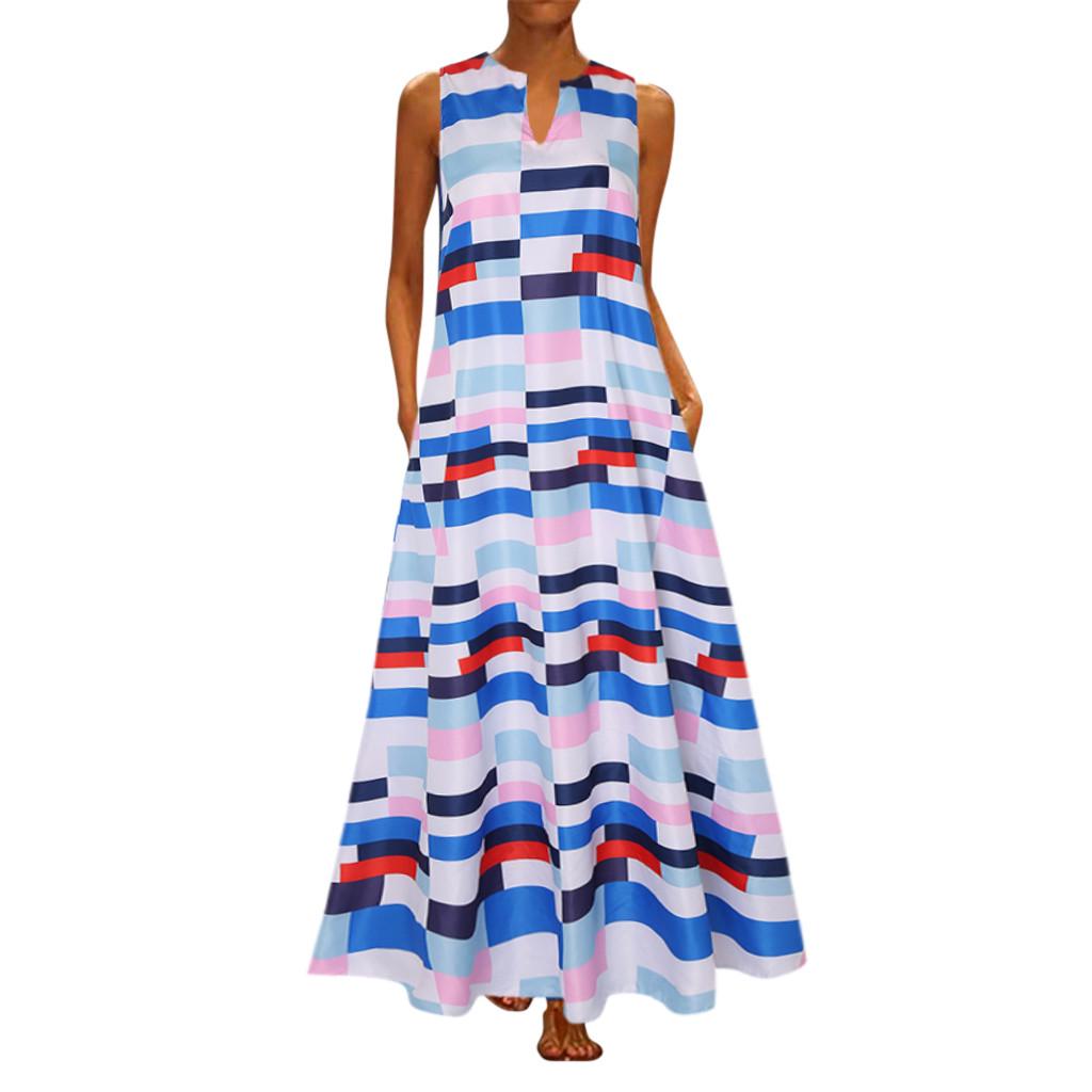 Women Plus Size Print Daily Casual Sleeveless Vintage Bohemian V Neck Maxi Dress