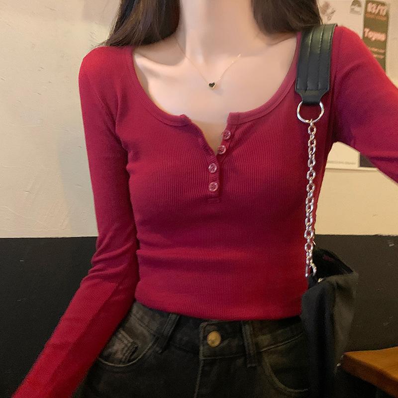 

Футболка с полуоткрытым воротником, облегающая, для горячей девушки, женская базовая футболка, весенне-осенний топ с длинным рукавом на нитяных пуговицах M