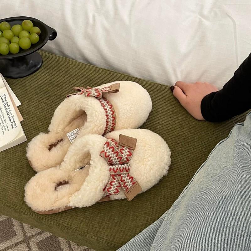 Womens Cozy Sheepskin Slippers With Bow Detail Flat Sole Warm Indoor House Shoes