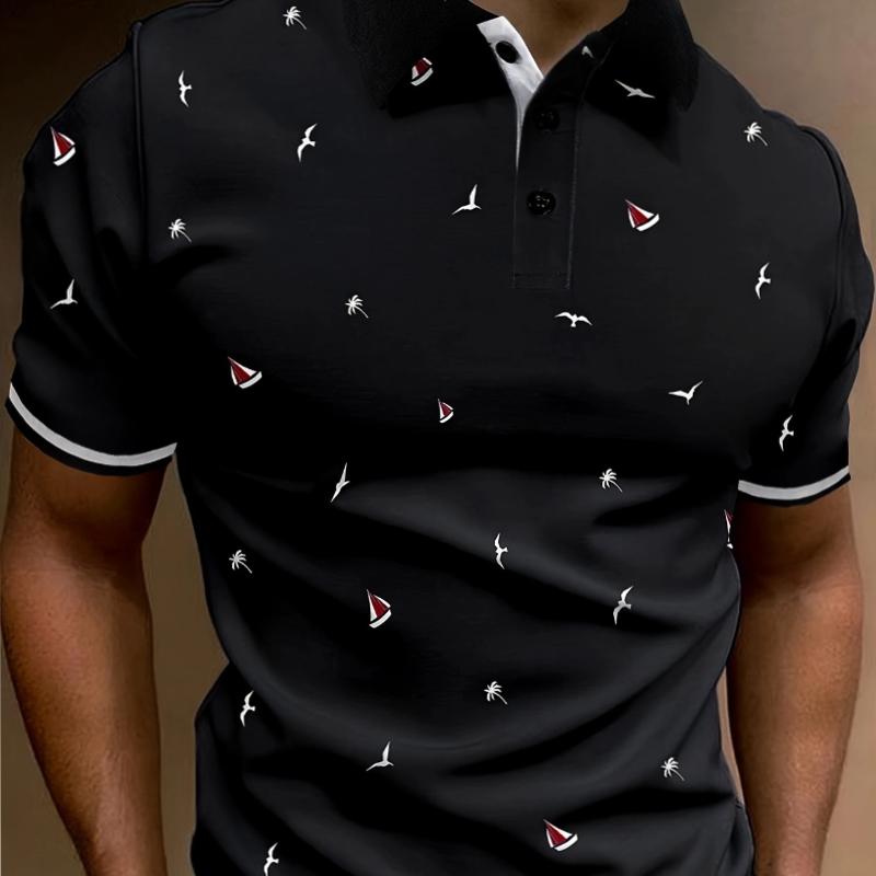 Męska koszulka polo z kontrastowym kołnierzykiem, krótkim rękawem, klapami, do golfa, z nadrukiem, zapinana na guziki, moda, casualowa, oddychająca