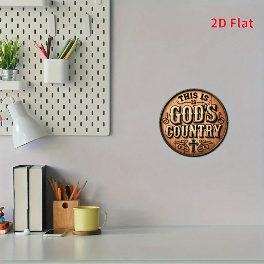 Vintage Metal Wall Art God's Country Round Sign with Cross Leaf Motifs 7.8x7.8 Inch Rustic Indoor Outdoor Decor for Home Cafe Garden