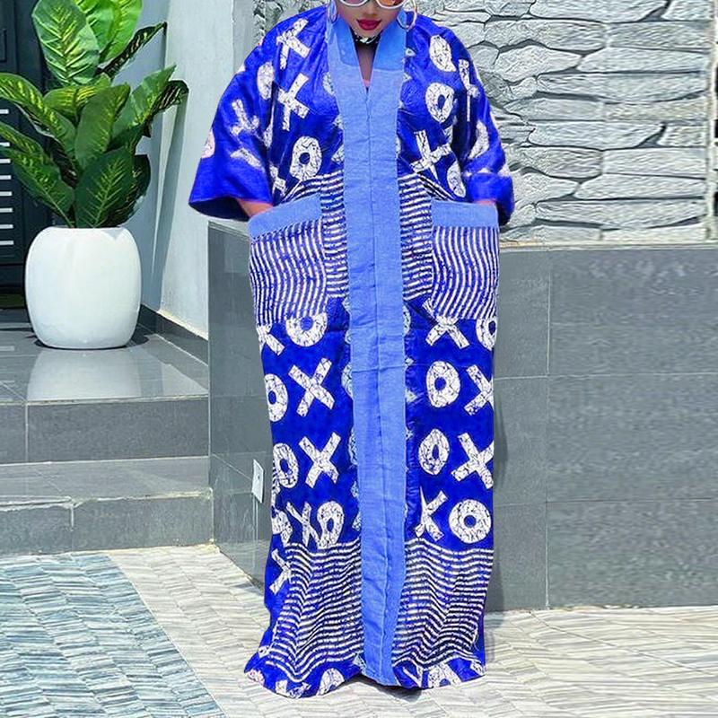 Oversized Women V Neck Long Sleeve Patchwork Print Casual Loose Maxi Kaftan Dress