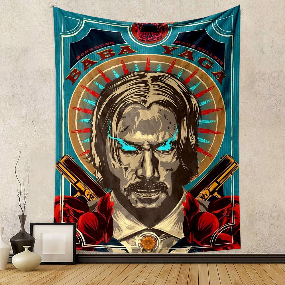 Fiery-eyed figure with a halo of bullets, guns, and rose accents. Patterned tapestry for bedroom and living room home decor