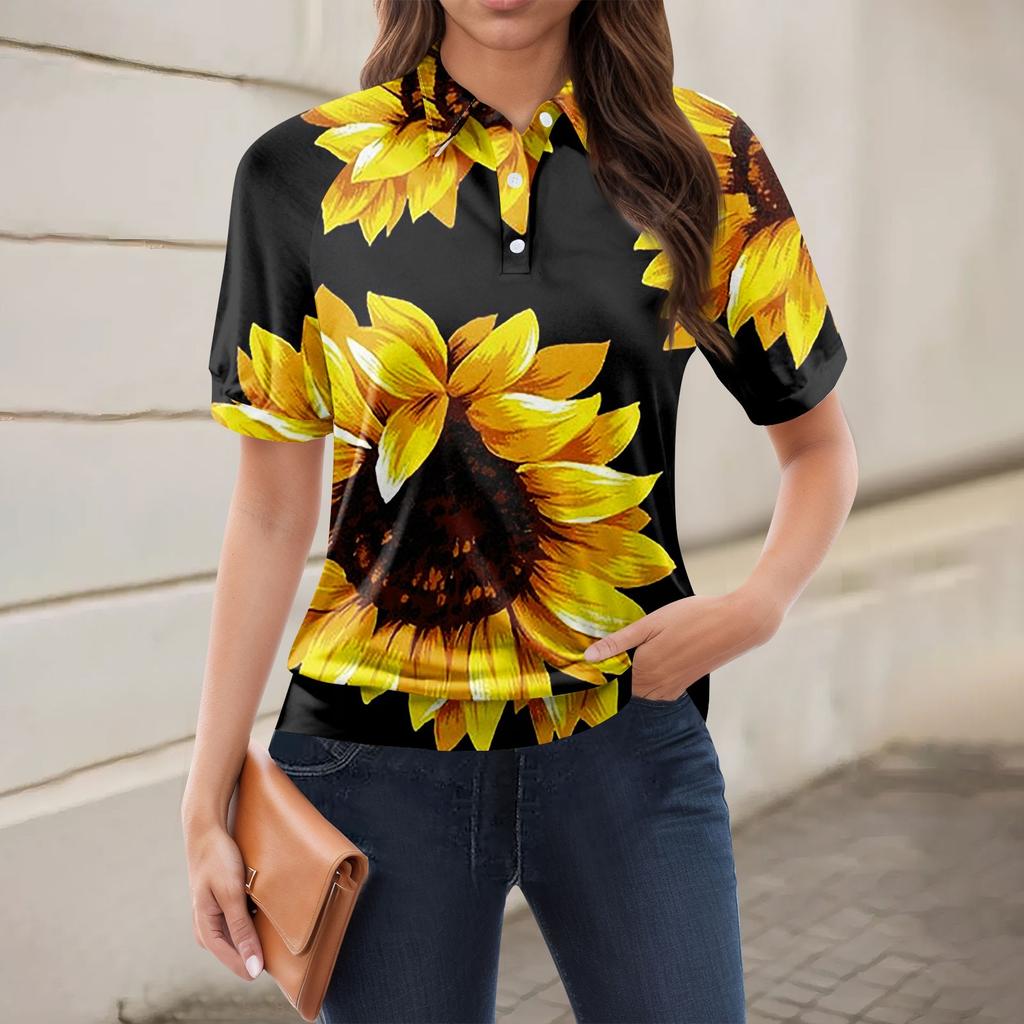 Kvinners uformelle blomstertrykk V-hals kortermet dekorativ knapp T-skjorte topp