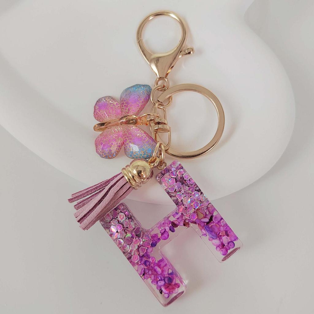 Purple Iridescent Resin Letter Keychain with Butterfly Tassel
