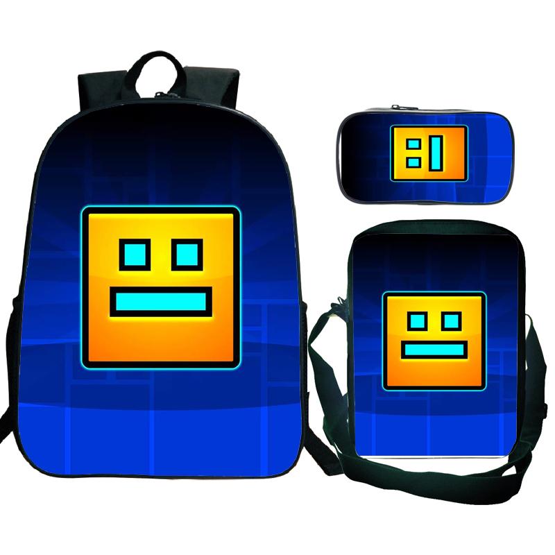 Angry Geometry Dash Backpack 3pcs School Bag Waterproof Student Girls Boys Children Mochila with Pen Bag