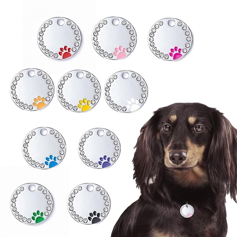 Rhinestone Solid Zinc Alloy Pet ID Tag Crystal Dog Collar Tag Colorful Paw Print Laser Engraved Pet Name Plate for Cats/Dogs