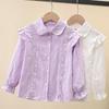 Spring 2024 Girls' White Long Sleeve Shirt with French Lace Collar