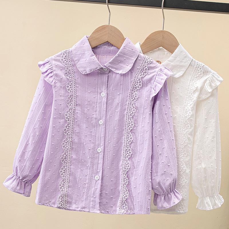 Spring 2024 Girls' White Long Sleeve Shirt with French Lace Collar
