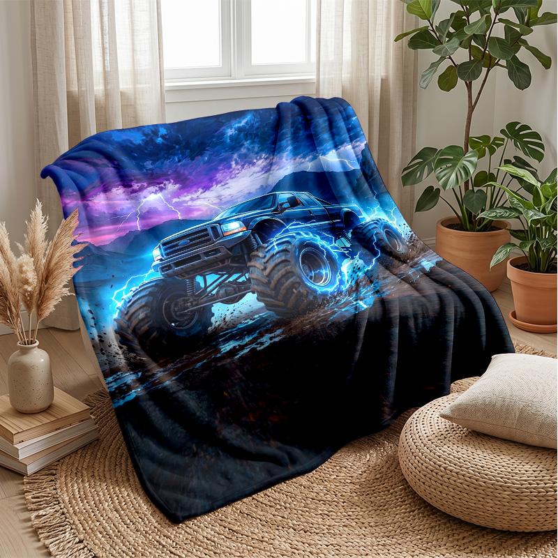 Sunset Monster Truck Adventure Theme Blanket Lightweight Warm Flannel Blanket Decorative Throw Blanket for Home Decoration