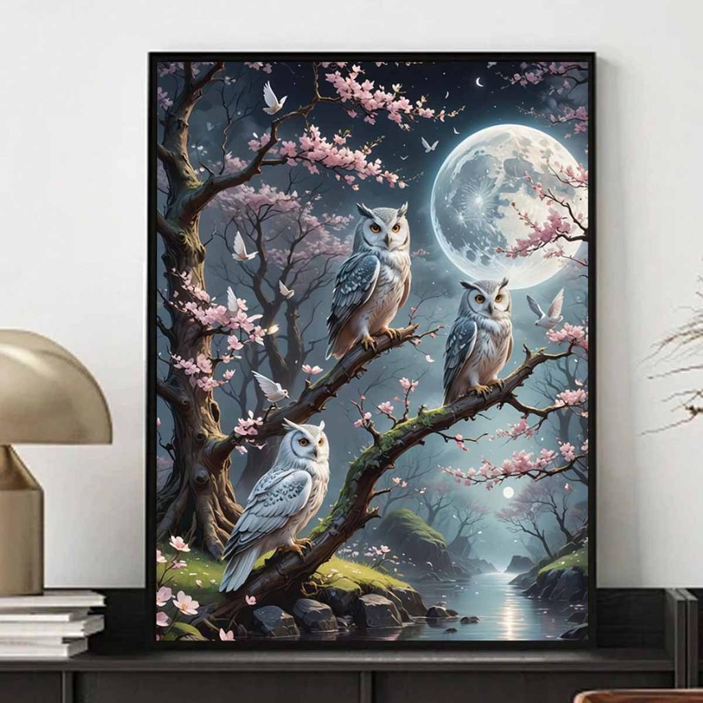 Owl Diamond Art Piece Set, Moonlight 5D Diamond Painting DIY Rhinestone Gem Cross Stitch Craft and Artwork Decoration Home Wall Mural