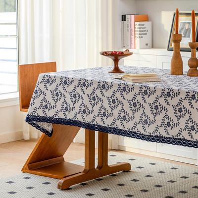 Vintage Cotton And Linen Plant Dining Table Fabric Printing Tablecloth Cover Cloth Cover Towel Lace Blue Lace Leaves