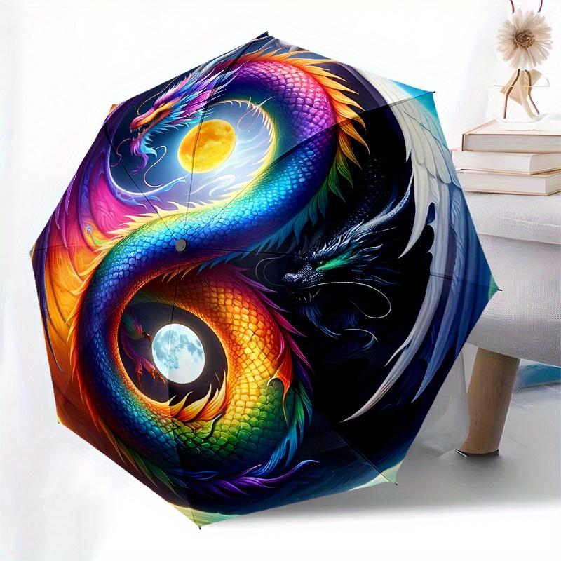 Colorful Dragon Yin Yang Symbol Circular ArtPrint PosterUmbrella, Portable 3-Fold Compact Umbrella for Men & Women Gift