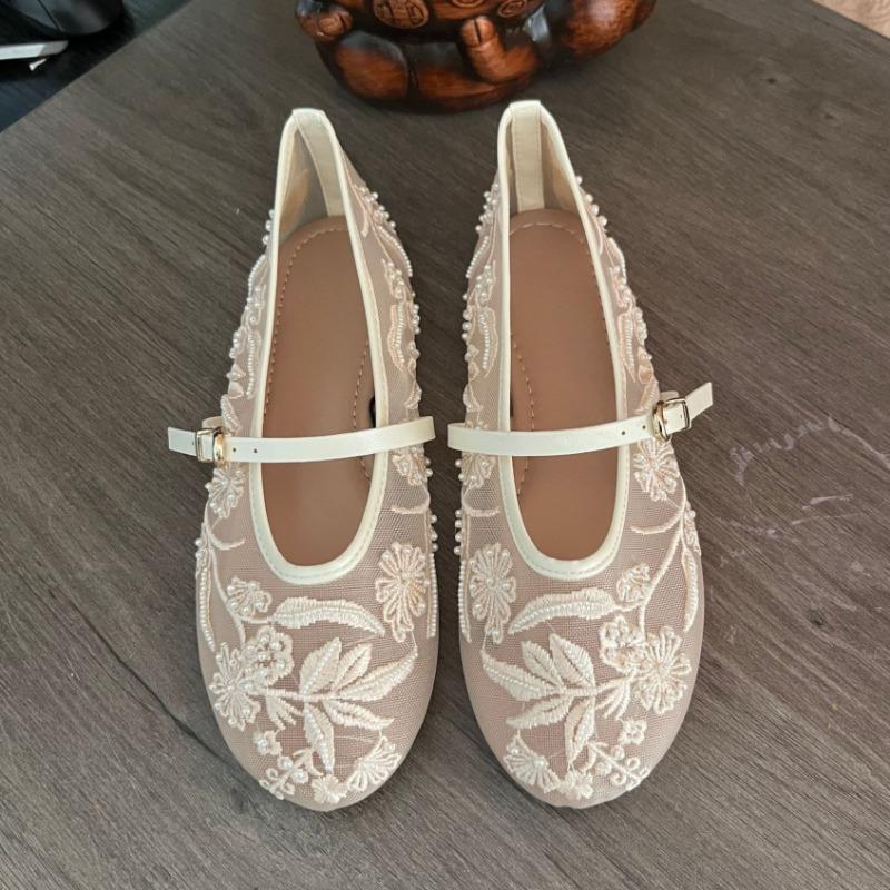 Women's Ballet Flats Ballerina Shoes Summer Mary Jane Comfortable Embroidered Mesh Buckle Strap Elegant