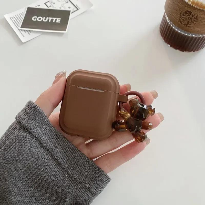 Fashion Chocolate Khaki Case For Apple Airpods Pro Case Soft Silicone Earphone Cover For Airpods 4 3 2 1 Case With Bear Keychain
