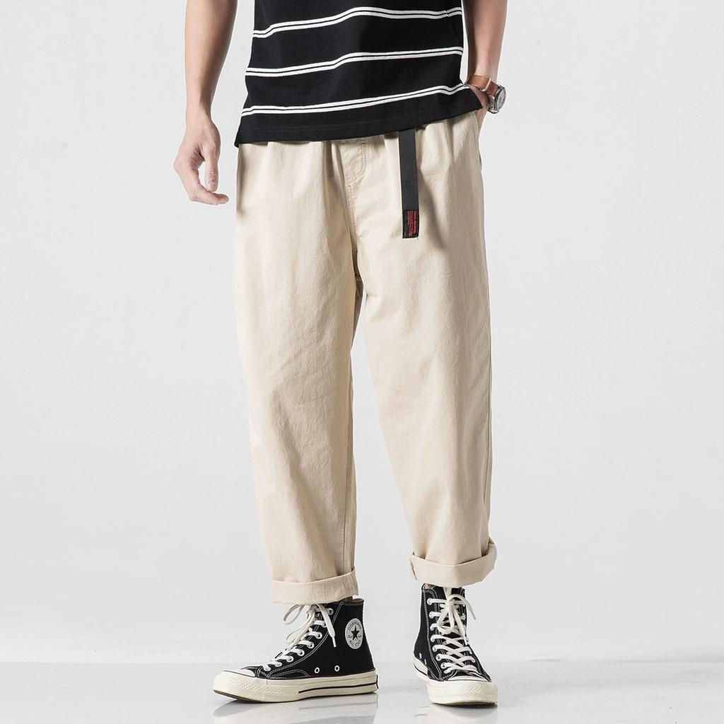 Men Cotton Casual Harem Pants With Belt Men Straight Baggy Ankle-Length Cargo Trousers Wide Leg Sweatpants Male Streetwear
