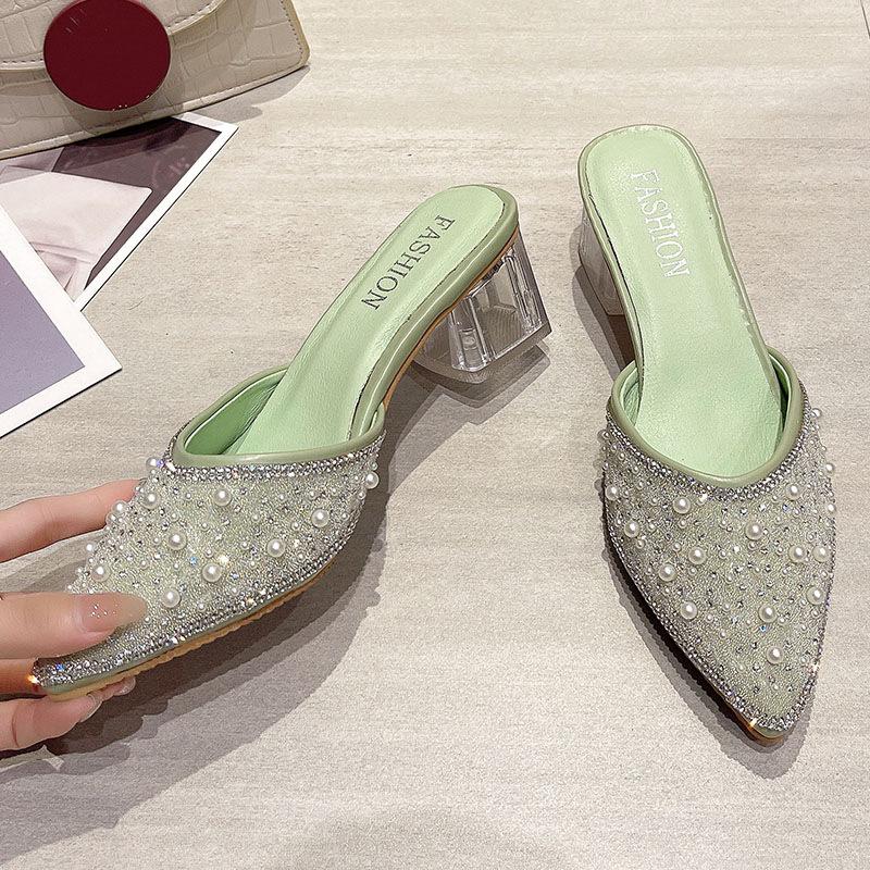 New Spring and Summer Fashion Rhinestone Pearl Pointed High Heels Cool Slippers Versatile Outer Thick Heel Half Drag Women's Shoes