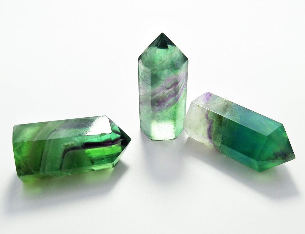 A Set of Three Green Fluorite Crystal Perfect for Good Chakra and Energy Recommended by Small-sized Wands, Luck, Meditation, Strengthening, Healing.