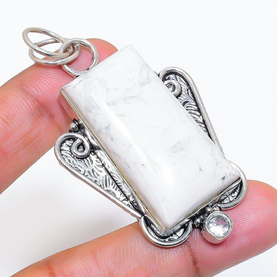 Natural Howlite Jasper, Topaz 925 Sterling Silver Jewelry Pendant 2.48" ZS-256