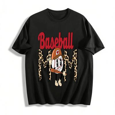 Cute Leopard Print Baseball Mom Graphic Casual Tee Pure Cotton T-shirt