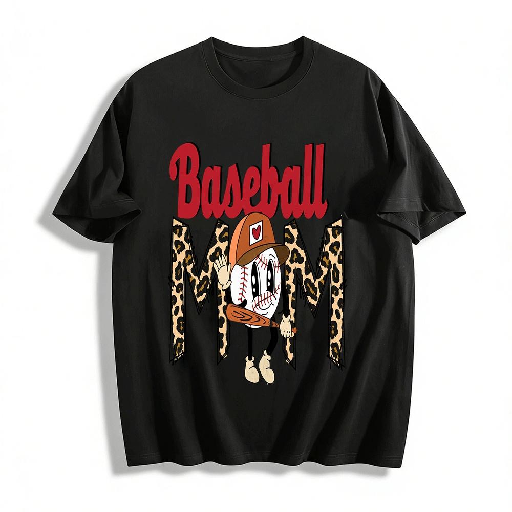 Cute Leopard Print Baseball Mom Graphic Casual Tee Pure cotton T-shirt XXS