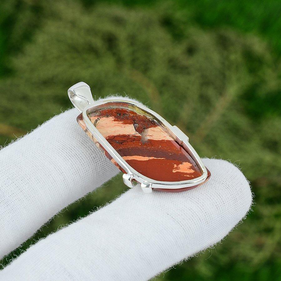 Sterling Silver Natural Red Snakeskin Jasper Engagement Bezel Handmade Pendant