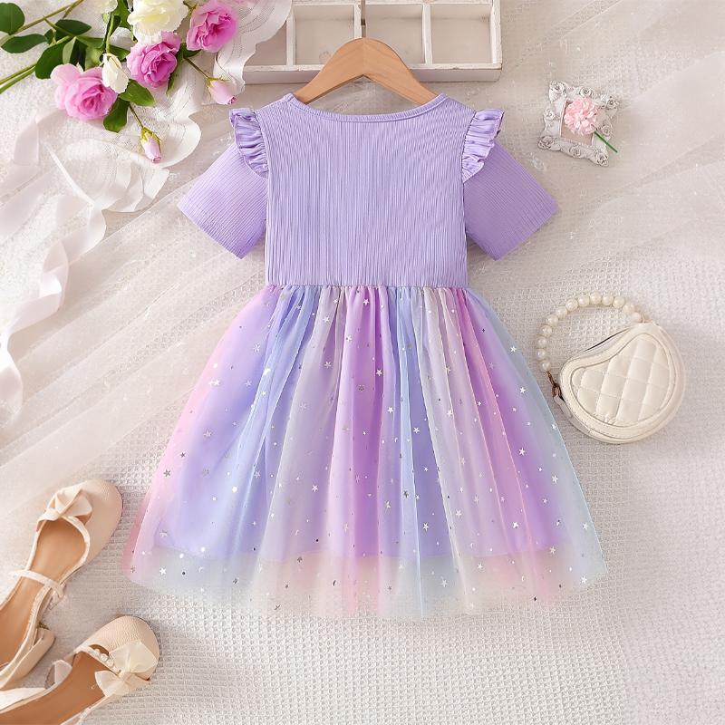 Girls Star Tulle DressRainbow Dinosaur PrintCute Princess Party Dress with Bow, Short Sleeve Summer Dress for Little Girls