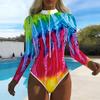 Women Long Sleeve One Piece Swimsuit Zip Front  Ink Tie Dye Print Rash Guard Surfing Bathing Suit